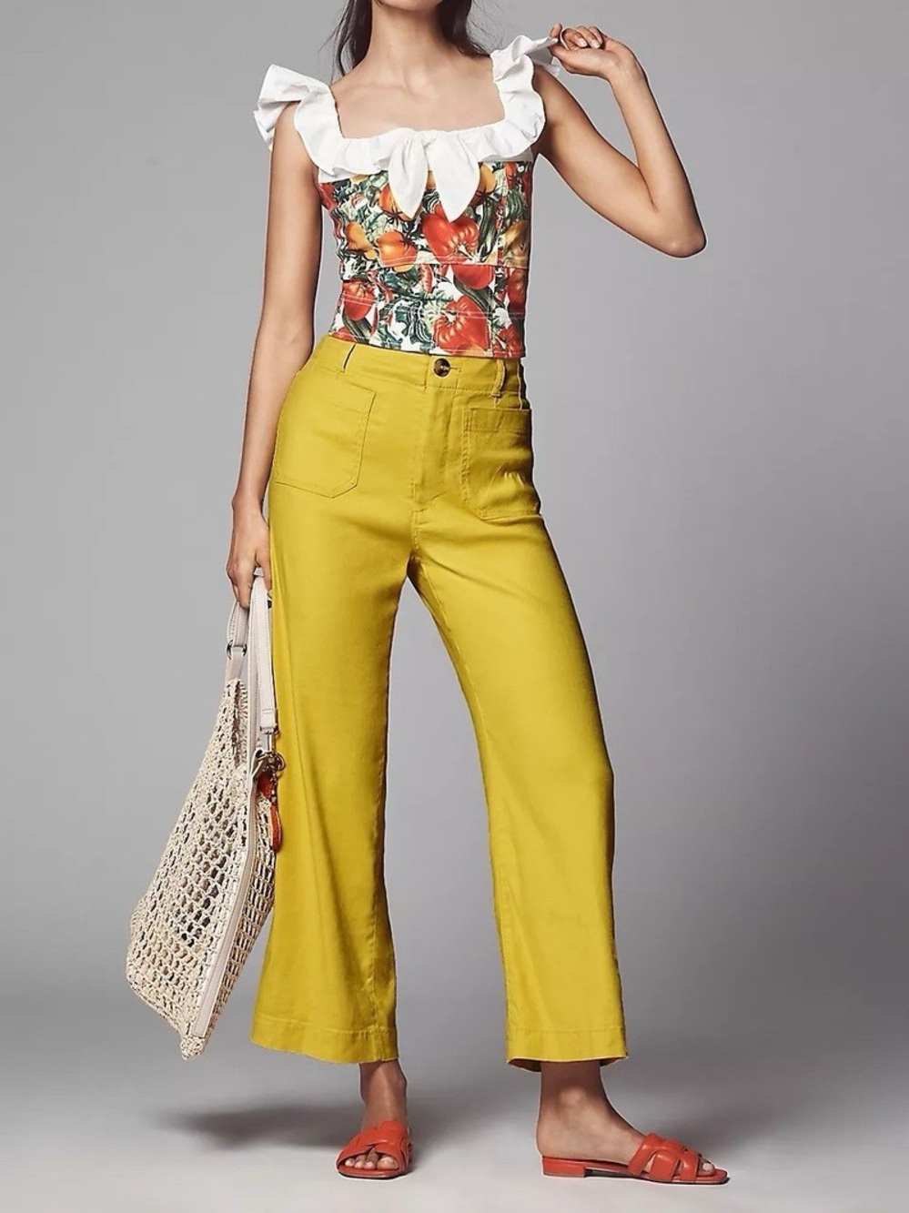 Maeve Colette High Waist Wide Leg Cropped Pants Yellow Linen Blend Size 33